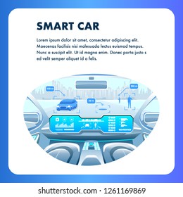 Smart Car Vector Banner. Artificial Intelligent Electric Car Interior with Advanced Road Navigation System. Autonomous Smart Vehicle Cockpit with Futuristic Interior Square Illustration.