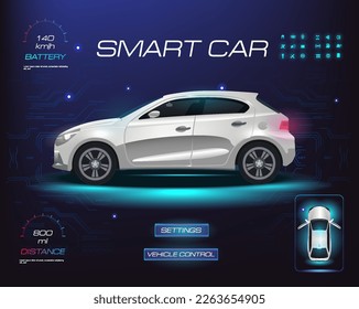 Auto inteligente. Parámetros del vehículo en la pantalla táctil holográfica. Panel de diagnóstico y configuración del coche. Sistema electrónico de control de vehículos. Vector