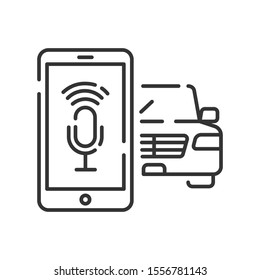 Smart car voice control black line icon. Smartphone screen application for autonomous vehicle. Personal assistant and voice recognition. Pictogram for web page, mobile app. UI/UX/GUI design element.