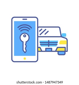 Smart car wireless key color line icon. Smartphone screen application for autonomous vehicle. Personal assistant and control, security. Pictogram for web page, mobile app. UI/UX/GUI design element.