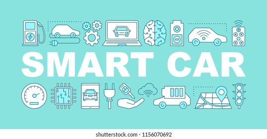 Smart car word concepts banner. Artificial intelligence auto. Autonomous automobile. Self driving car. Isolated lettering typography idea with linear icons. Vector outline illustration