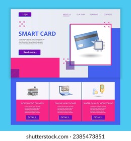 Smart card flat landing page website template. Rover food delivery, online healthcare, water quality monitoring. Web banner with header, content and footer. Vector illustration.