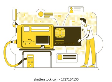 Smart card thin line concept vector illustration. Man making cashless payment 2D cartoon character for web design. E payment transaction. Near field communication, wireless technology creative idea