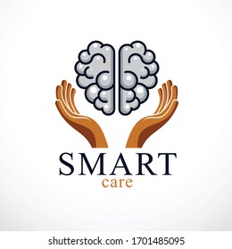 Smart Care Concept, Vector Logo Or Icon Design Of Human Anatomical Brain With Careful Tender And Defending Hands. 