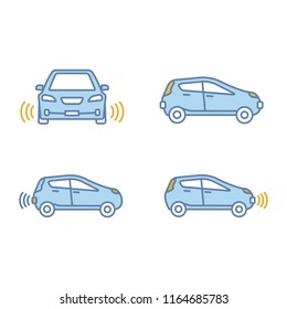 Smart cars color icons set. NFC autos. Intelligent vehicles.  Self driving automobiles. Autonomous cars. Driverless vehicles. Isolated vector illustrations