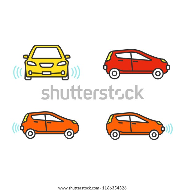 Smart cars color icons set. NFC\
autos. Intelligent vehicles.  Self driving automobiles. Autonomous\
cars. Driverless vehicles. Isolated vector\
illustrations