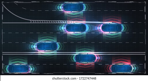 Smart cars driving on the road, driverless vehicles, top view. ADAS, ITS system. Smart car (HUD) , iot , Autonomous self-driving mode vehicle on city road iot concept with graphic sensor radar signal