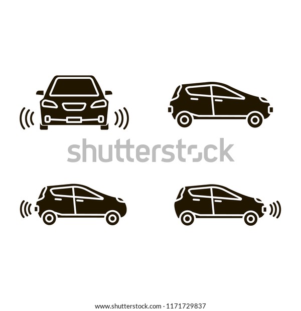 Smart\
cars glyph icons set. NFC autos. Intelligent vehicles.  Self\
driving automobiles. Autonomous cars. Driverless vehicles.\
Silhouette symbols. Vector isolated\
illustration