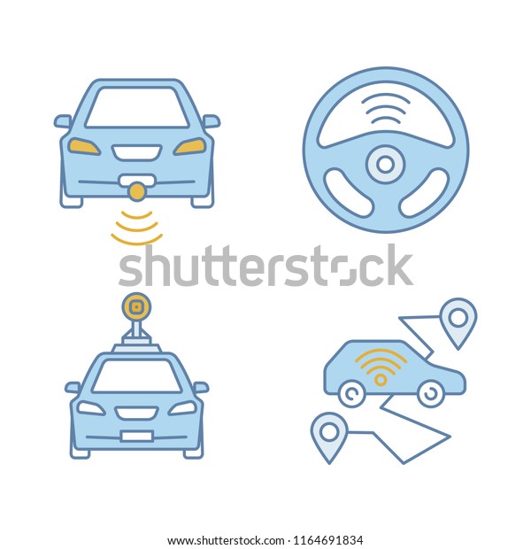 Smart cars сolor icons set. NFC\
autos. Intelligent vehicles.  Self driving automobiles. Autonomous\
cars. Driverless vehicles. Isolated vector\
illustrations