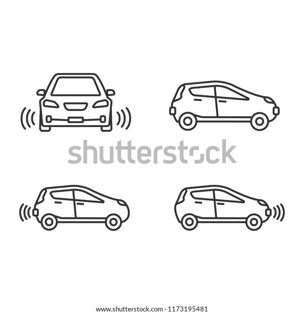 Smart cars linear icons set. NFC autos.\
Intelligent vehicles. Self driving automobiles. Autonomous cars.\
Driverless vehicles. Thin line symbols. Isolated vector outline\
illustrations. Editable\
stroke
