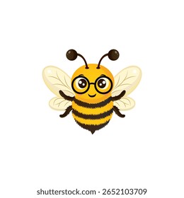 Smart Cartoon Bee with Glasses – Vector Character.Cute bee character wearing round glasses, looking friendly and intelligent. Ideal for educational materials, learning apps, children’s books, 