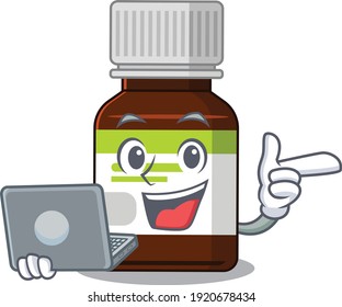 Smart cartoon character of antibiotic bottle studying at home with a laptop