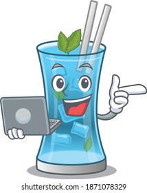 Smart cartoon character of blue hawai cocktail studying at home with a laptop