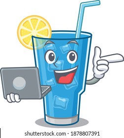 Smart cartoon character of blue lagoon cocktail studying at home with a laptop