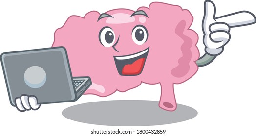 Smart cartoon character of brain studying at home with a laptop