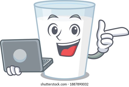 Smart cartoon character of glass of milk studying at home with a laptop. Vector illustration