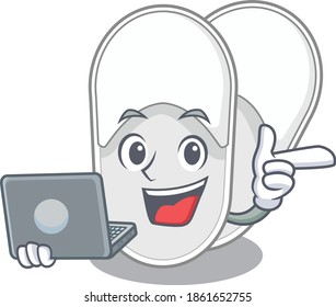 Smart cartoon character of hotel slippers studying at home with a laptop