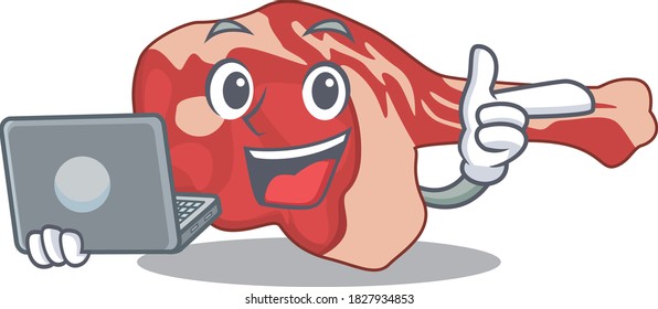 Smart cartoon character of leg of lamb studying at home with a laptop