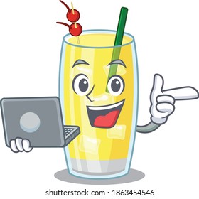 Smart cartoon character of pina colada cocktail studying at home with a laptop