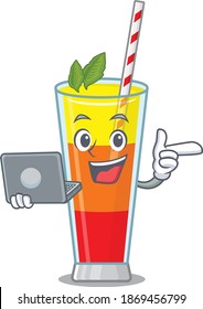 Smart cartoon character of tequila sunrise cocktail studying at home with a laptop