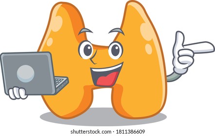 Smart cartoon character of thyroid studying at home with a laptop