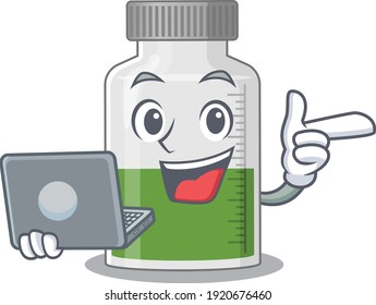 Smart cartoon character of vitamin syrup studying at home with a laptop