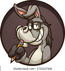 Smart cartoon donkey holding a pencil and wearing glasses. Vector clip art illustration with simple gradients. All on a single layer.
