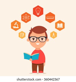 Smart Cartoon Kid with Book. Educational Icons Around His Head. Colorful Vector Illustration