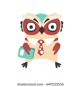 Smart cartoon owl bird colorful character vector Illustration