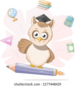 Smart cartoon owl flying on a pencil