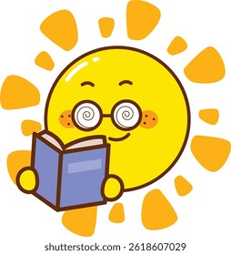 Smart Cartoon Sun Reading a Book – Vector Character for Education and Learning
