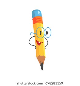 Smart cartoon yellow pencil character with hands on waist, humanized funny pencil vector Illustration