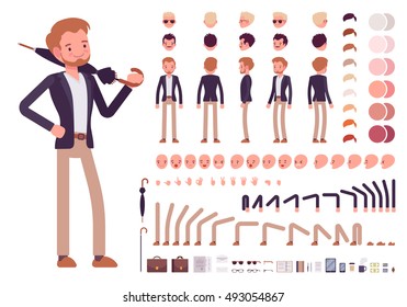 Smart casual male character creation set. Full length, different views, emotions, gestures, isolated against white background. Build your own design. Cartoon flat-style infographic illustration