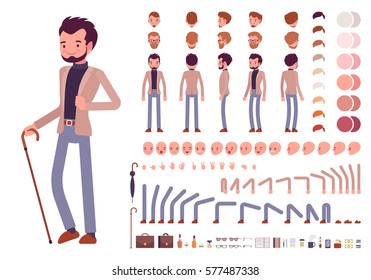 Smart casual male character creation set. Full length, different views, emotions, gestures, isolated against white background. Build your own design. Vector illustration