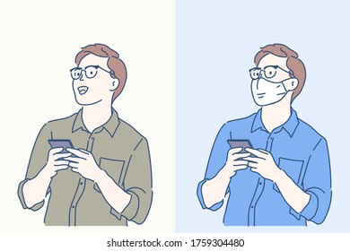 Smart casual man using smartphone and he is wearing a surgical mask (A Mask can be removable). Hand drawn in thin line style, vector illustrations.
