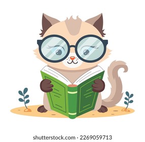 smart cat with glasses and with a book. animal reads. flat vector illustration.
