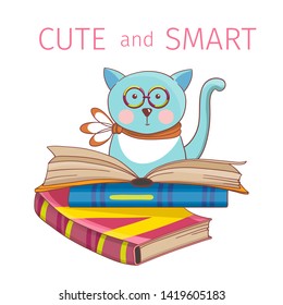 Smart cat with glasses on a stack of books. The kitten is learning. 

Hand-drawn illustration. Doodle cartoon vector. 