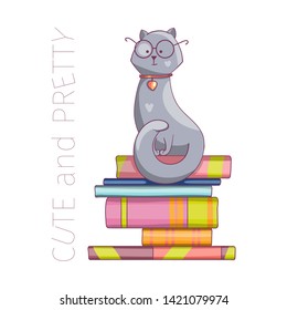 Smart cat with glasses on a stack of books. The kitten is learning. Hand-drawn illustration. Doodle cartoon vector. 