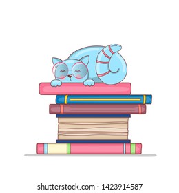 Smart cat with glasses on a stack of books. The kitten is learning. Hand-drawn illustration. Doodle cartoon vector. 