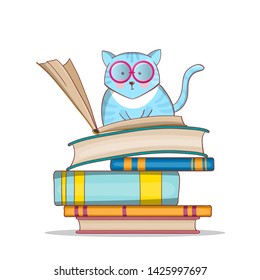 Smart cat with glasses on a stack of books. The kitten is learning. Hand-drawn illustration. Doodle cartoon vector. 