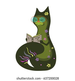 smart cat with glasses reading a book. Illustration can be used as print on a case for phone or clothes