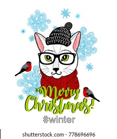 Smart cat in hat with season greetings. Vector illustration isolated on white background.