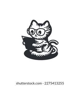 smart cat holding tablet or book and wear glasses illustration flat logo