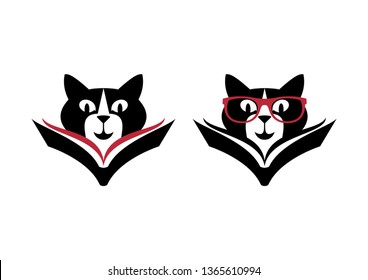 Smart Cat Icon Set Vector. Cat Reading Book Vector. Cat With Glasses Icon Vector. Clever Cat Head Icon Set