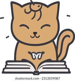 A smart cat with an open book in front of it, portrayed in a lively vector style.