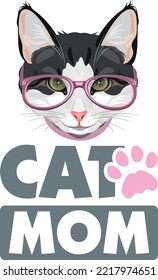 Smart cat in pink eyeglasses. Cat mom. Vector
