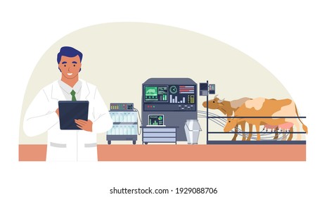 Smart cattle farm, flat vector illustration. Automated dairy farm. Automatic cow milking machine. Internet of things, wireless remote quality control, modern smart farming technology in agriculture.