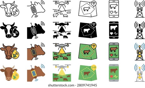 Smart cattle farming icon set shows connected livestock tracking drones maps phones and sensors for modern agribusiness