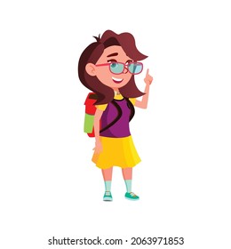 smart caucasian girl with backpack remind answer on problem at school cartoon vector