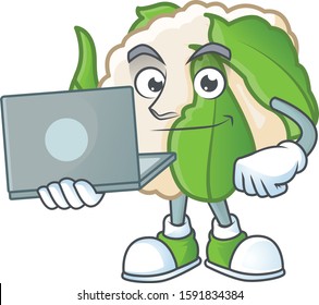 Smart cauliflower cartoon character working with laptop